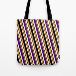 [ Thumbnail: Goldenrod, Indigo, Beige & Black Colored Pattern of Stripes Tote Bag ]