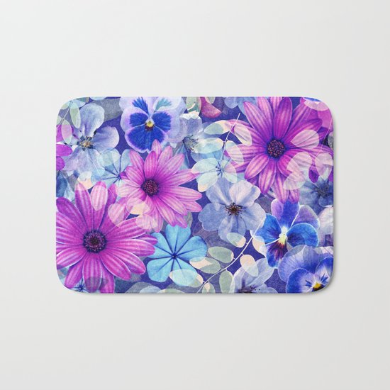 Dark pink and blue floral pattern Bath Mat