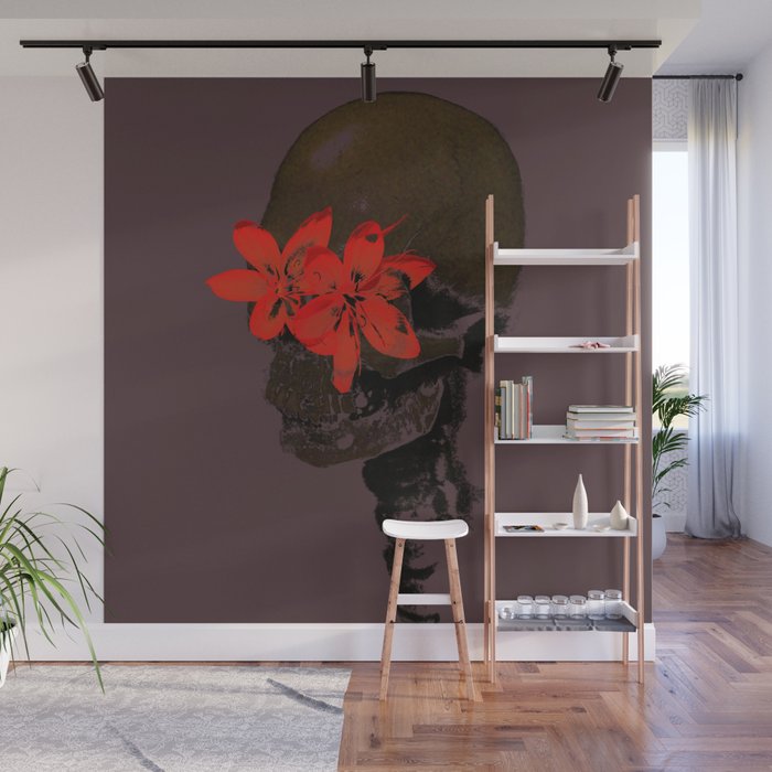 Skull with Flower Eyes Dark Wall Mural