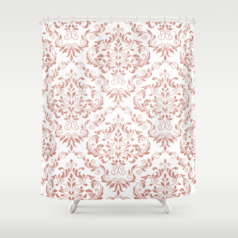 Rose Gold Glitter And White Damask Shower Curtain By
