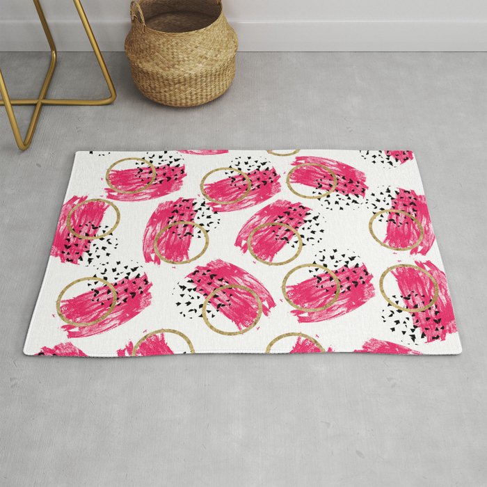 Abstract Black Pink and Faux Gold Brushstrokes Rug