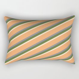 [ Thumbnail: Vibrant Dark Olive Green, Bisque, Brown, Gray, and Dark Blue Colored Striped Pattern Rectangular Pillow ]