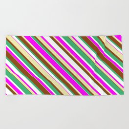 [ Thumbnail: Eye-catching Sea Green, White, Fuchsia, Pale Goldenrod, and Brown Colored Lined/Striped Pattern Beach Towel ]