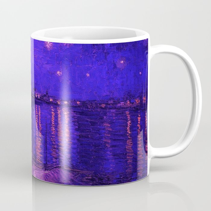 Starry Night Over the Rhone landscape painting by Vincent van Gogh in alternate midnight blue with pink stars Coffee Mug