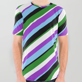 [ Thumbnail: Dark Orchid, Light Sky Blue, Black, Forest Green, and White Colored Lines Pattern All Over Graphic Tee ]