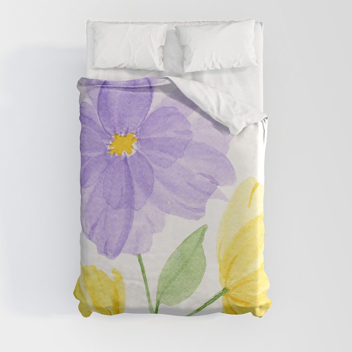Overlapping Purple and Yellow Flowers Duvet Cover