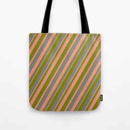 [ Thumbnail: Grey, Dark Salmon & Green Colored Stripes/Lines Pattern Tote Bag ]