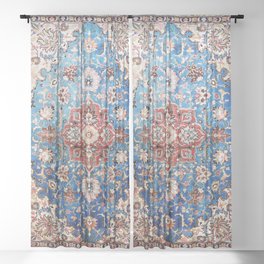 Tabriz Rug With Blue Field Print Sheer Curtain