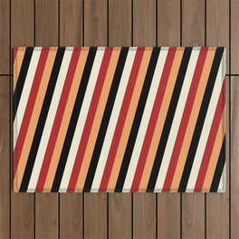[ Thumbnail: Beige, Red, Brown, and Black Colored Lined Pattern Outdoor Rug ]
