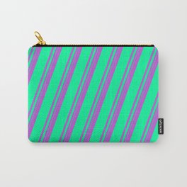 [ Thumbnail: Orchid and Green Colored Lined/Striped Pattern Carry-All Pouch ]