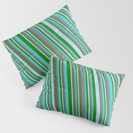 [ Thumbnail: Turquoise, Slate Gray, Dark Olive Green, Light Blue, and Green Colored Striped/Lined Pattern Pillow Sham ]