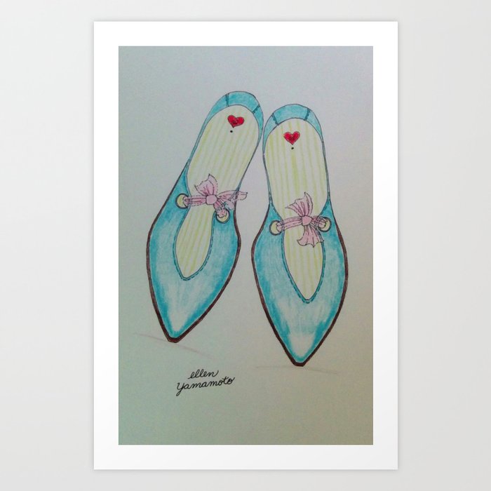 aqua shoes, chiffon ribbon, pink chiffon, shoes, fashion sketch, Art Print  by Ellens Style Yokohama