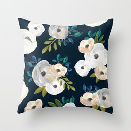 Midnight Florals - Blue & Cream Throw Pillow