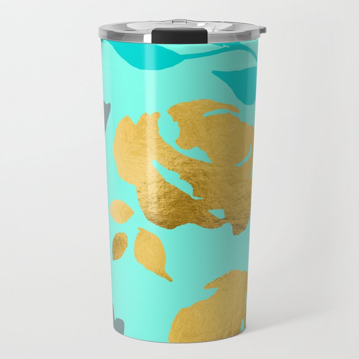 Mint Wild Flowers With Gold Foil Travel Mug
