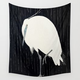 Egret standing in rain - Japanese vintage woodblock print Wall Tapestry