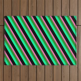 [ Thumbnail: Hot Pink, Forest Green, Green & Black Colored Striped Pattern Outdoor Rug ]
