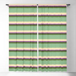 [ Thumbnail: Dark Olive Green, Dark Sea Green, Beige & Dark Violet Colored Lined/Striped Pattern Blackout Curtain ]