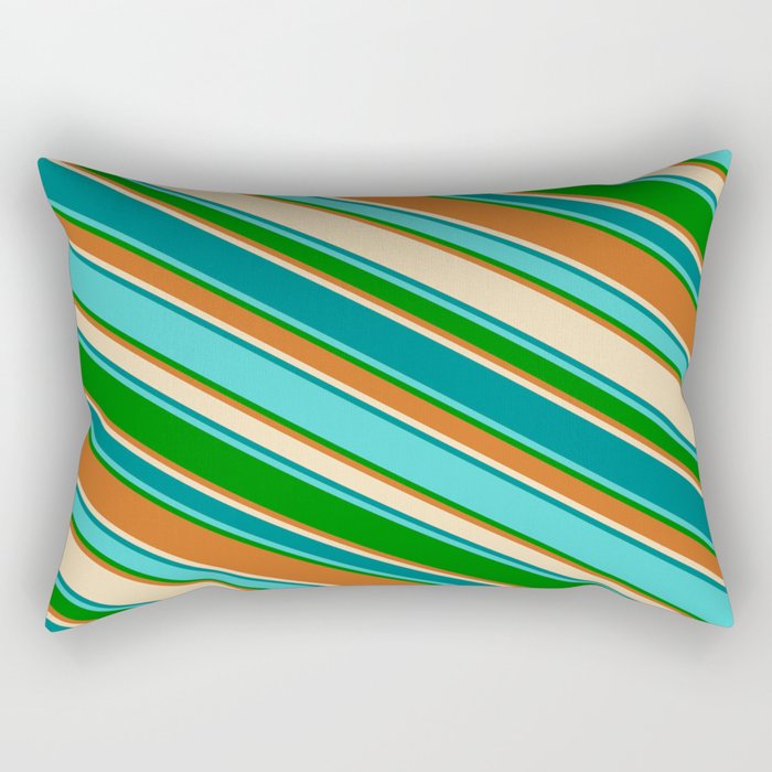 Colorful Tan, Teal, Turquoise, Green, and Chocolate Colored Lines Pattern Rectangular Pillow