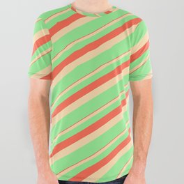 [ Thumbnail: Red, Tan & Light Green Colored Lines Pattern All Over Graphic Tee ]