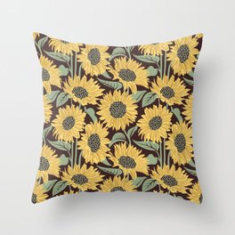 Sun-kissed sunflowers // expresso brown background yellow flowers sage green leaves Throw Pillow