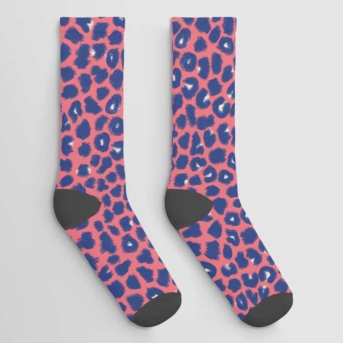 Leopard Spots, Cheetah Print, Navy, Coral Color, Brush Strokes Socks