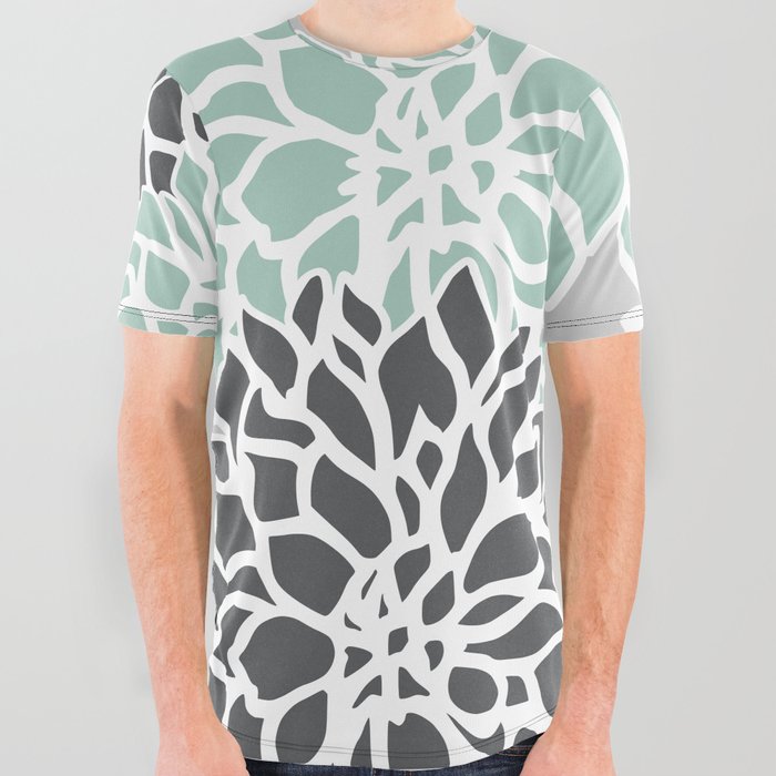 Flower Blooms, Teal and Grey All Over Graphic Tee