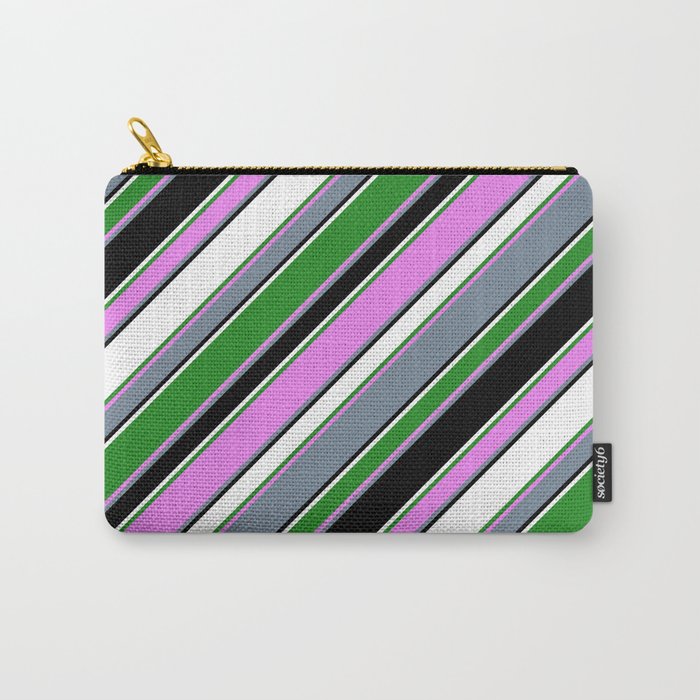 Eye-catching Forest Green, Violet, Light Slate Gray, Black & White Colored Striped/Lined Pattern Carry-All Pouch