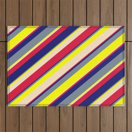 [ Thumbnail: Vibrant Light Slate Gray, Yellow, Bisque, Crimson & Midnight Blue Colored Lines/Stripes Pattern Outdoor Rug ]