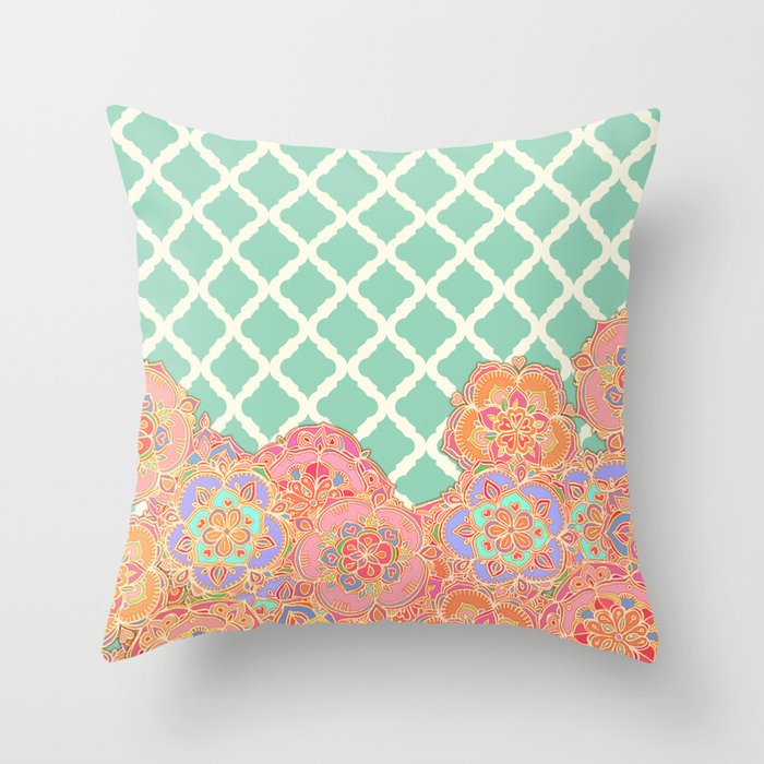 Floral Doodle on Mint Moroccan Lattice Throw Pillow by micklyn Society6