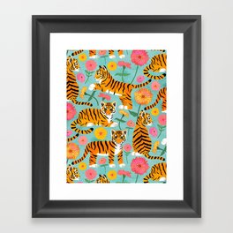 Tiger Cubs and Zinnias on Turquoise Framed Art Print