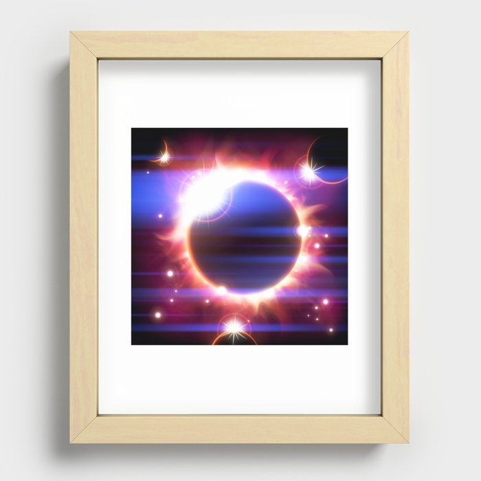 An outer space background with an eclipse, planets and stars.  Recessed Framed Print