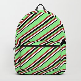 [ Thumbnail: Green, Red, White & Black Colored Lines/Stripes Pattern Backpack ]