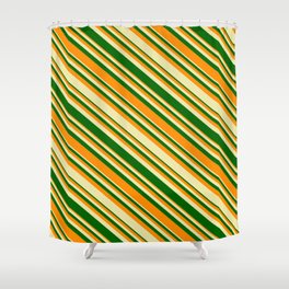 [ Thumbnail: Pale Goldenrod, Dark Green, and Dark Orange Colored Lined/Striped Pattern Shower Curtain ]