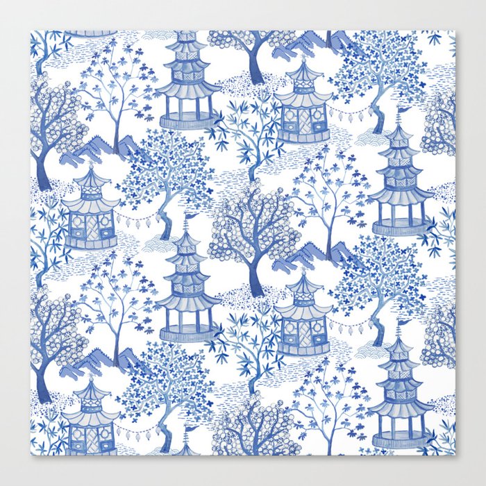 Pagoda Forest Blue and White Canvas Print