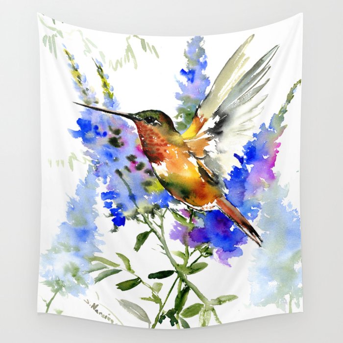Alen's Hummingbird and Blue Flowers, floral bird design birds, watercolor floral bird art Wall Tapestry
