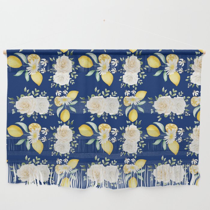 Lemons and White Flowers Pattern On Blue Background Wall Hanging