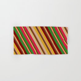 [ Thumbnail: Colorful Goldenrod, Tan, Crimson, Forest Green & Maroon Colored Striped/Lined Pattern Hand & Bath Towel ]
