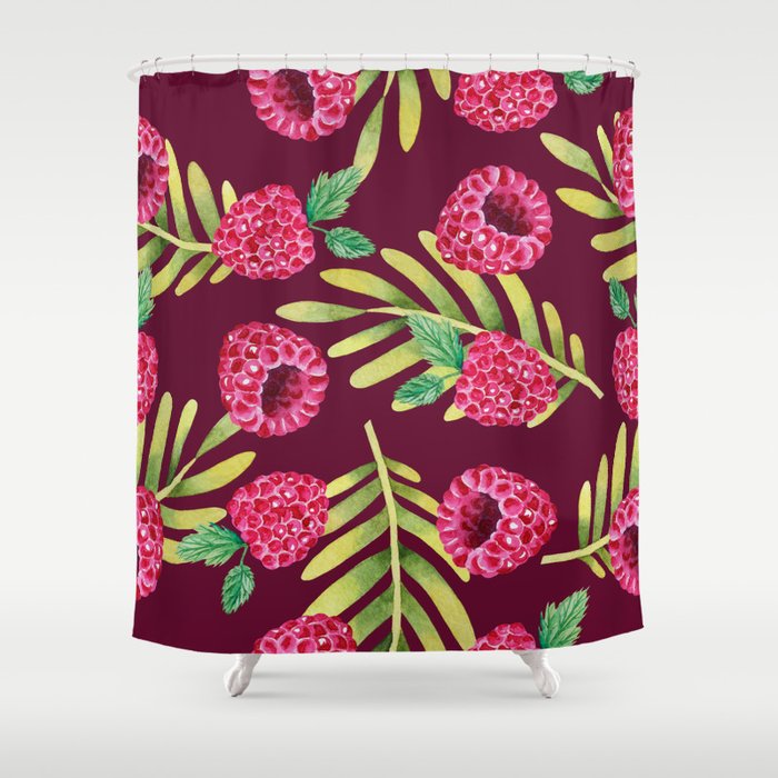 Illustration of watercolor hand drawn pattern with red fresh raspberries and leaf. Summer fruit background. Organic food Shower Curtain