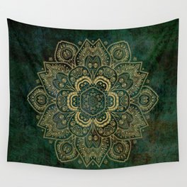 Golden Flower Mandala on Dark Green Wall Tapestry
