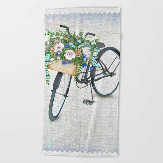 Black bike & roses Beach Towel