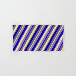 [ Thumbnail: Dim Gray, Tan, Purple, and Dark Blue Colored Striped/Lined Pattern Hand & Bath Towel ]