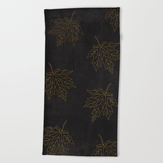 Autumn-world 3 - gold leaves on black chalkboard Beach Towel