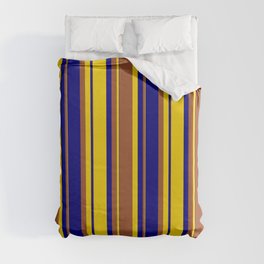 [ Thumbnail: Yellow, Sienna & Blue Colored Striped Pattern Duvet Cover ]