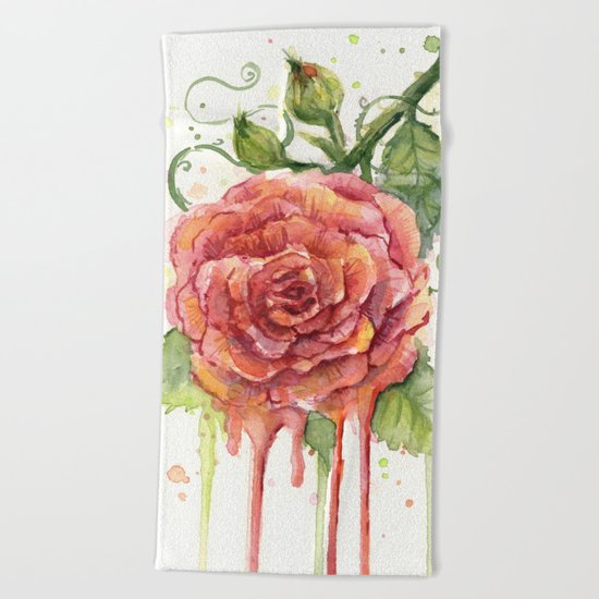 Red Rose Dripping Watercolor Flower Beach Towel