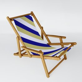 [ Thumbnail: Blue, Dark Khaki & Lavender Colored Lined/Striped Pattern Sling Chair ]