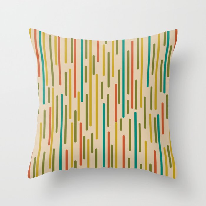Mid Century Mod Line Dance Pattern in Orange, Teal, Mustard, Olive, and Beige Throw Pillow