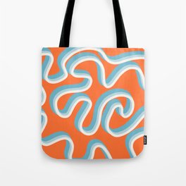 Ela - Blue Retro Line Swirl Ribbon Pattern on Orange Tote Bag