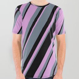 [ Thumbnail: Plum, Slate Gray, and Black Colored Lines Pattern All Over Graphic Tee ]