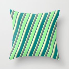 [ Thumbnail: Green, Grey, Teal & Light Yellow Colored Striped Pattern Throw Pillow ]