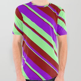 [ Thumbnail: Green, Dark Red & Dark Violet Colored Lined/Striped Pattern All Over Graphic Tee ]